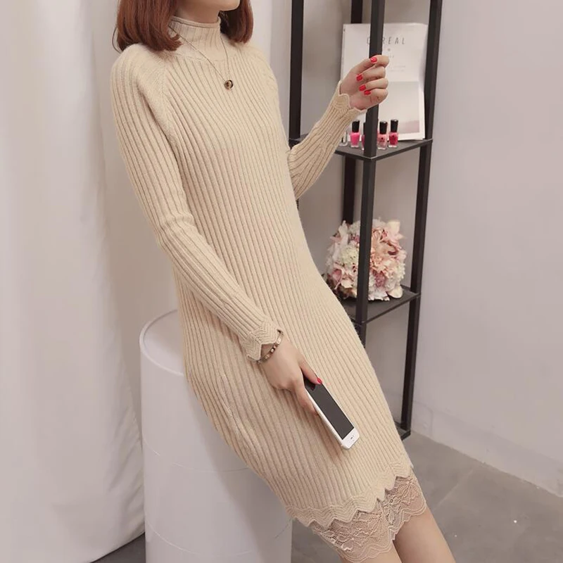 Женское трикотажное платье свитер с высоким воротником и длинным