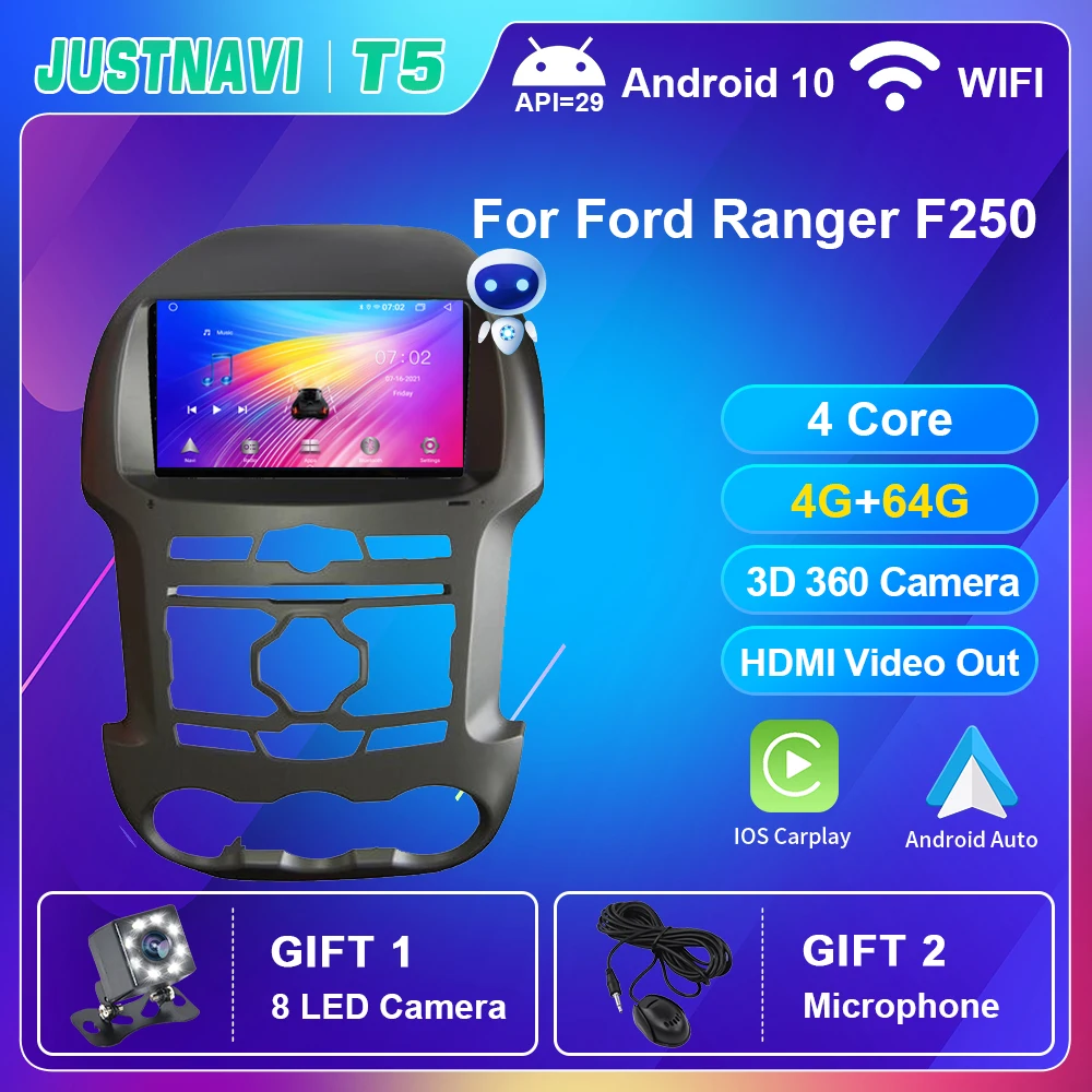 

JUSTNAVI Android 10.0 Car Radio Multimedia Player For Ford Ranger F250 2011-2015 Auto Stereo With 4G WIFI DSP Carplay OBD No DVD