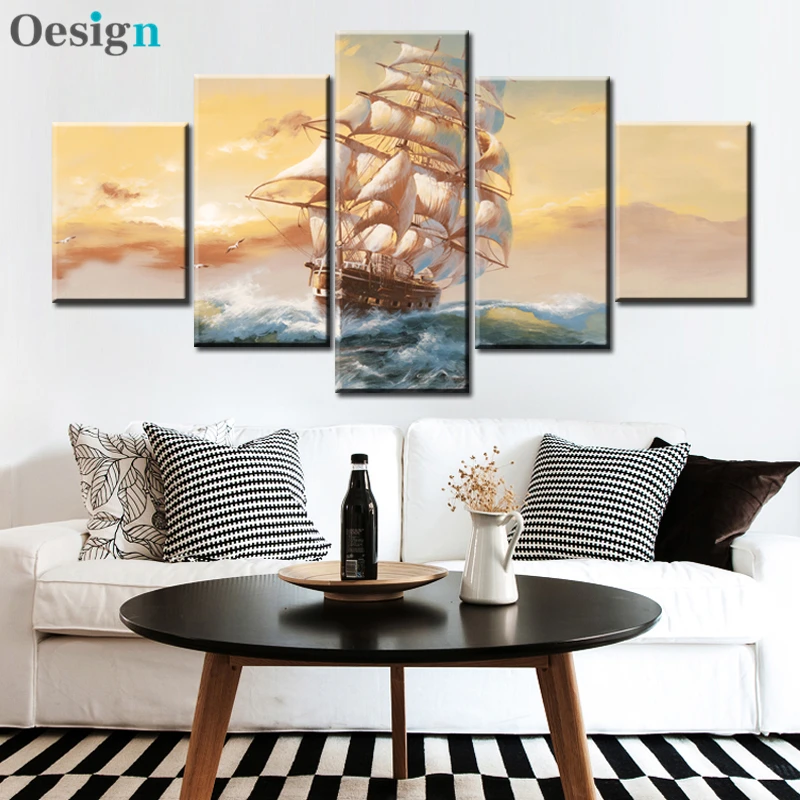

5 Panels Ship Boats Sailing Canvas Painting Pictures Decoracion Canvas Oil Paintings Wall Art Pictures for Living Room Decor