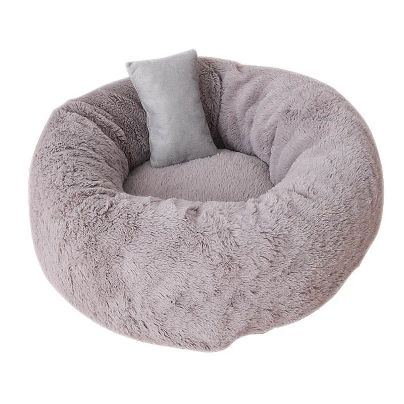 Dark Gray Pets Shag Plush Donut Cuddler Calming Bed Round Plush Cat Dog Mat Sleeping Bed with Pillow E2S - Цвет: Dark Gray