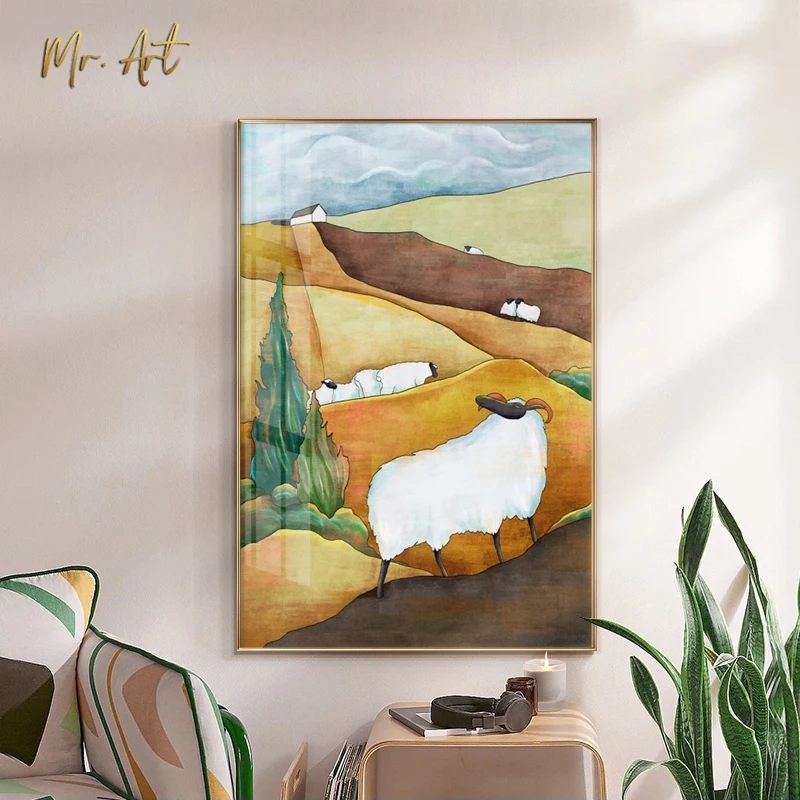 

Modern Canvas Painting Cute Sheep on The Hillside Poster Pictures for Living Room Bedroom Kids Room Colorful Wall Art Home Decor