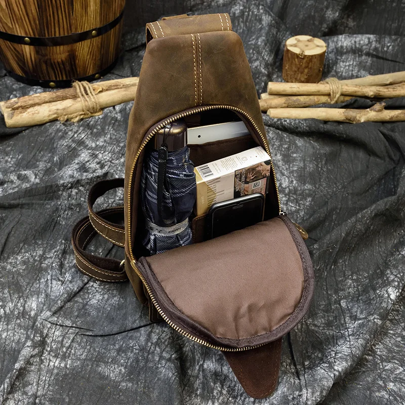 

Men's Crazy Horse Leather Sling Backpack Chest Bag Small Casual Travel Bag Vintage Cow Leather Crossbody Bag Cowhide Rucksack