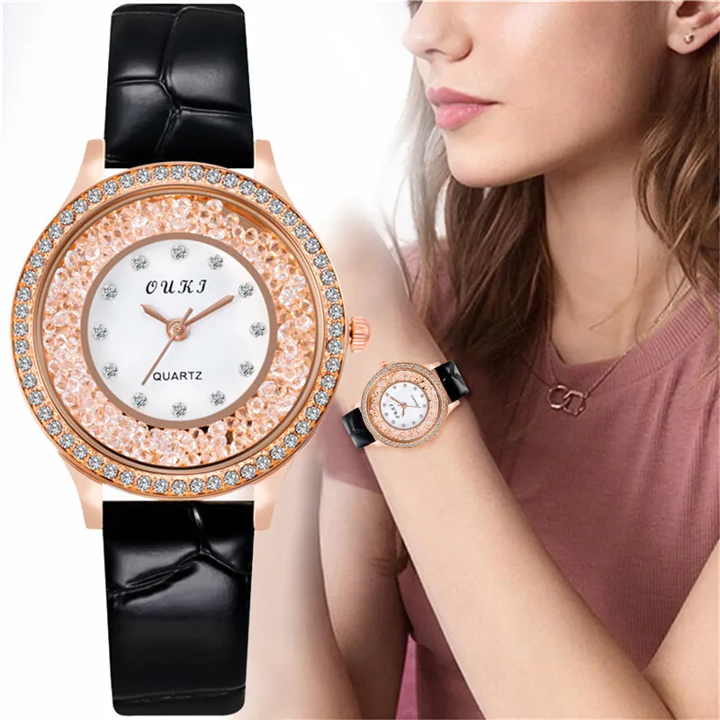 

Ladies Watch Fashion Leather Strap Women Watch orologio donna Quicksand Rhinestone Quartz Watch relojes para mujer Clocks Gifts