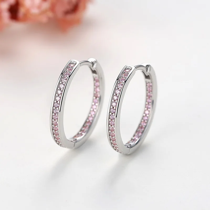 

KALETINE S925 Silver CZ Stones New Hoop Earrings Women Sterling 925 Silver Pink Zircon Earrings for Girls Jewelry Gifts KLTE094