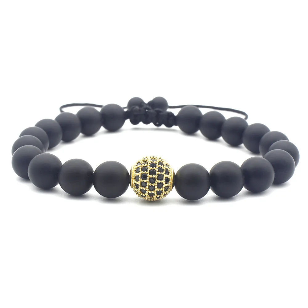 

New European And American Fashion Frosted Black Agate Ball 10mm Copper Inlaid Zircon Bracelet