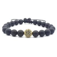 new european and american fashion frosted black agate ball 10mm copper inlaid zircon bracelet