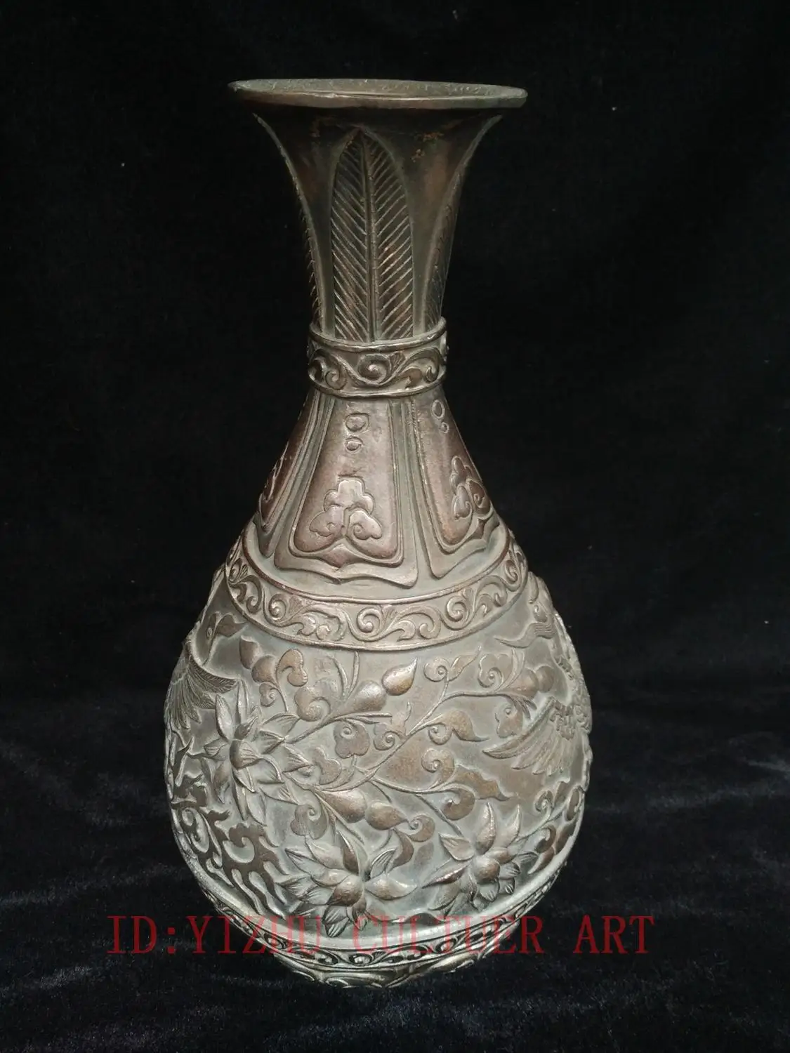 

YIZHU CULTUER ART Sparse Collection Old China Bronze Carving Phoenix Flower Vase Statue Decoration