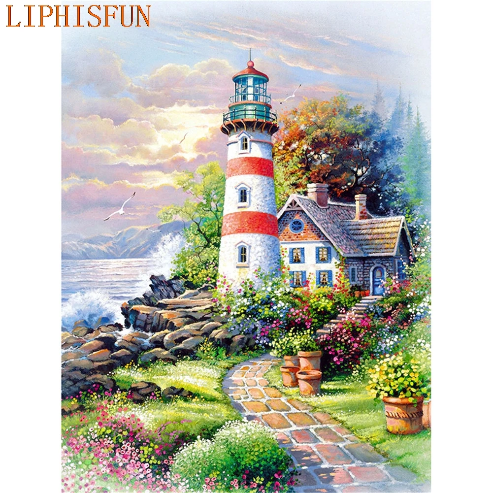 

Diamond Painting Cross Stitch Full Square Round Picture of Rhinestone DIY Mosaic Embroidery Lighthouse New Year Gift