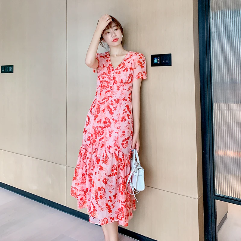 

COIGARSAM Bohemian Chiffon Women Long dress New Summer Beach Style Floral Print V-Neck Dresses Red 9098