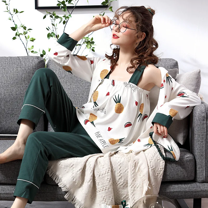 Летние Осенние женские пижамные комплекты из 7 предметов хлопковые пижамы с