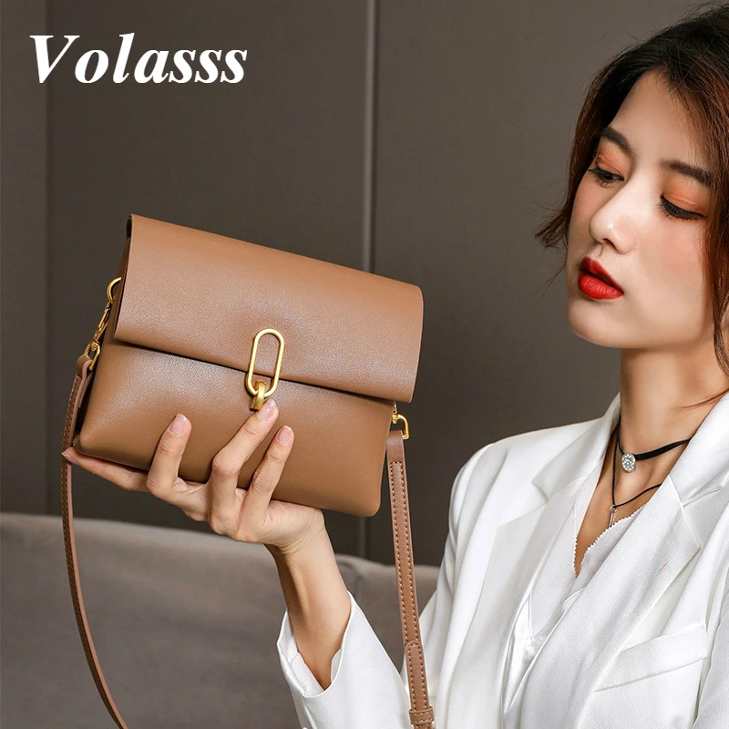 

Volasss 2021 Trend Fashion Women Genuine Leather Shoulder Bags For Female Luxury Designer Flap Female Small Messenger Bag Brown