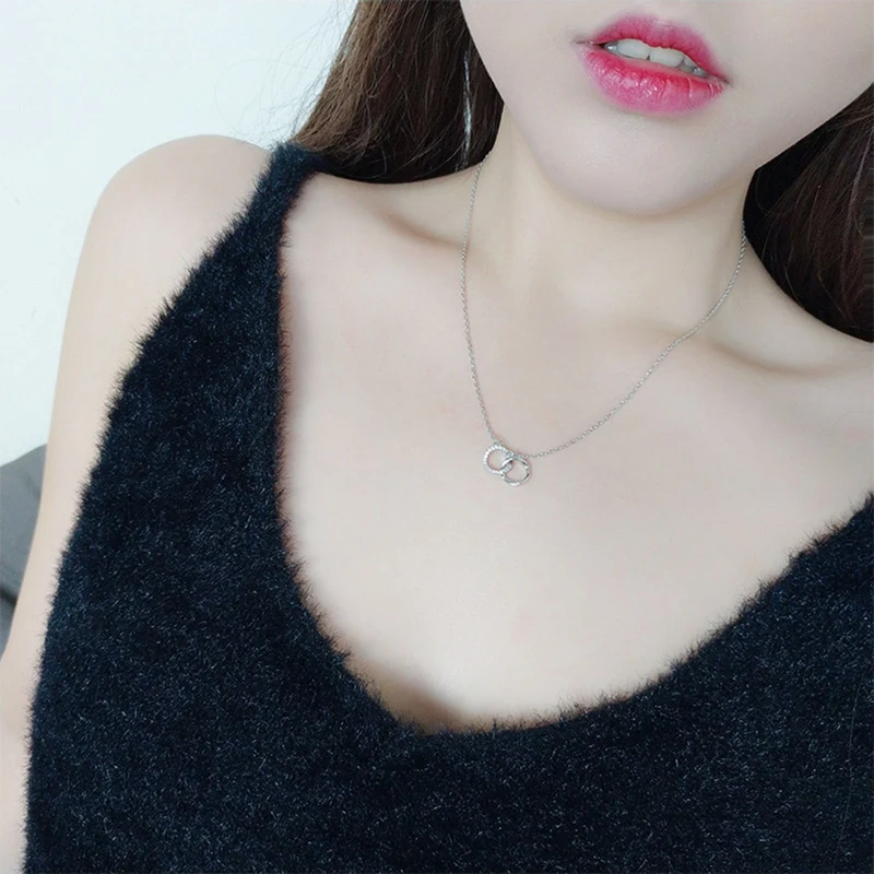 

Double Circle Interlock Clavicle Short Necklace Silver Color Necklace for Women Fashion Simple Necklaces collares erkek kolye