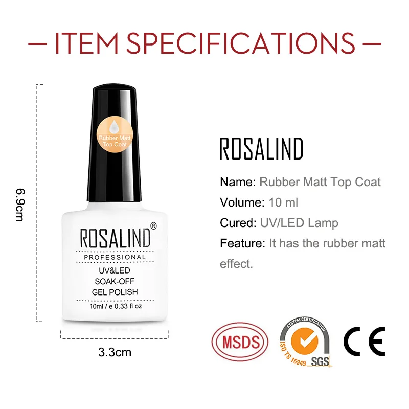 Резиновое матовое верхнее покрытие ROSALIND для ногтей яркий лак дизайна УФ