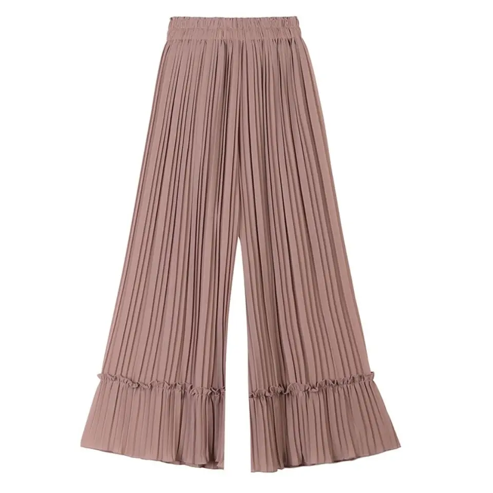 

Pleated summer loose Pleated Chiffon wide leg pants women's Capris high waist drop straight skirt pants elegant