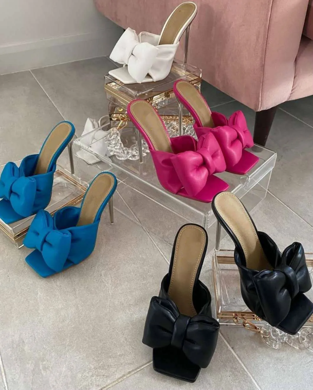 

DEPKSLY Summer Women Slippers Sandals Fashion Butterfly-Knot PU leather Women's Pumps Mules Sexy Transparent Heel Party Shoes