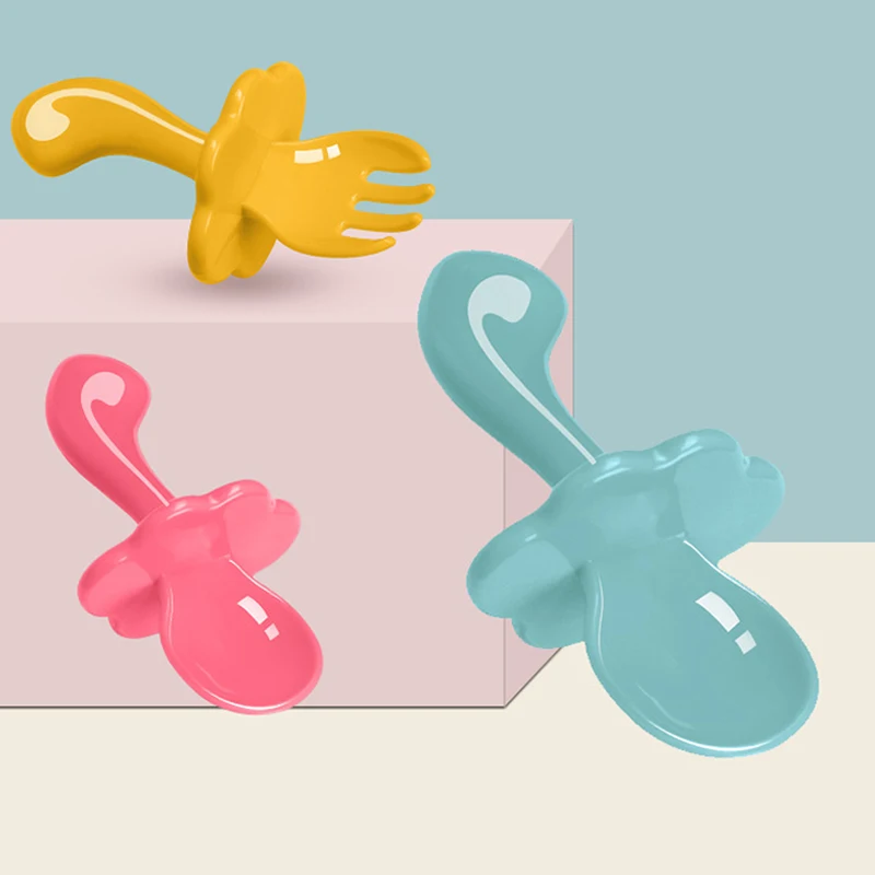 

2Pcs/Pack Short Handle Spoon+ Fork Set Solid Color Baby Training Spoon Safety PP Children Tableware Baby Fork Dishware Cute