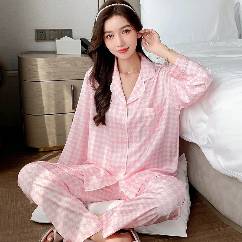 

Satin High Quality Women's Pajamas Set Luxury Style Houndstooth Sleepwear Silk Like Casual Homewear V Neck Nightwear Pyjamas