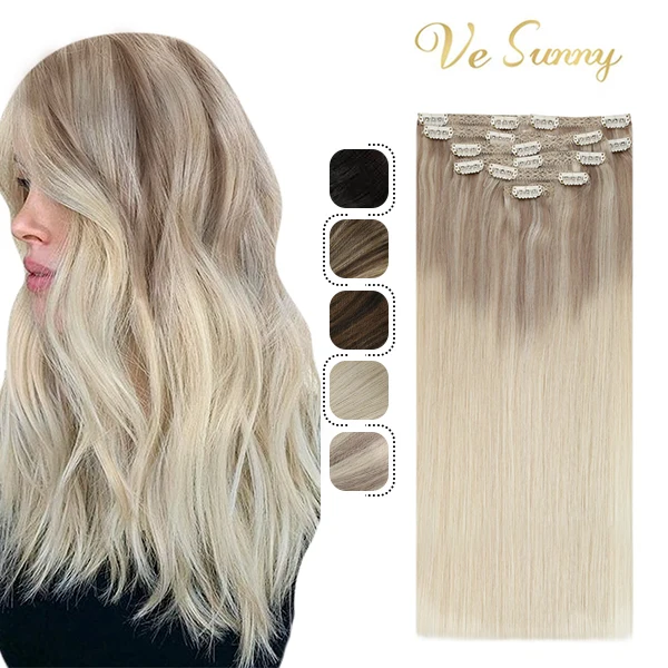 

VeSunny Double Weft Clip in Hair Extensions 100% Real Human Hair 7pcs 100gr Clip on Hair Balayage Nordic Blonde