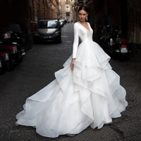 modern white v neck ball gown long sleeves satin wedding dress for women 2022 vintage illusion back with button custom made