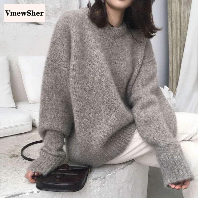 

VmewSher New O-neck Women Sweater Thick Long Sleeve Pullover 2020 Autumn Winter Casual Warm Jumper Loose Knitwear Oversize Top