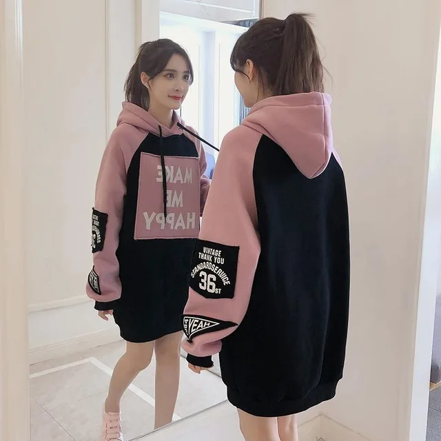 

Autumn Winter Clothes Casual Fleece Loose Long Sleeve Patchwork Long Pullover Dropship Hooded Hoodies Women Sweatshirt Thick