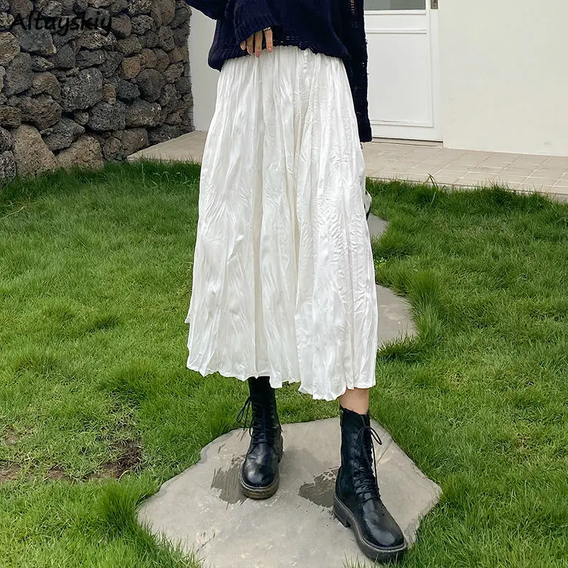 

Skirt Women Spring New Hot Sale Folds Popular Elastic Waist Casual Solid Pleated Lady Fashion All-match Simple White 2021 Charm