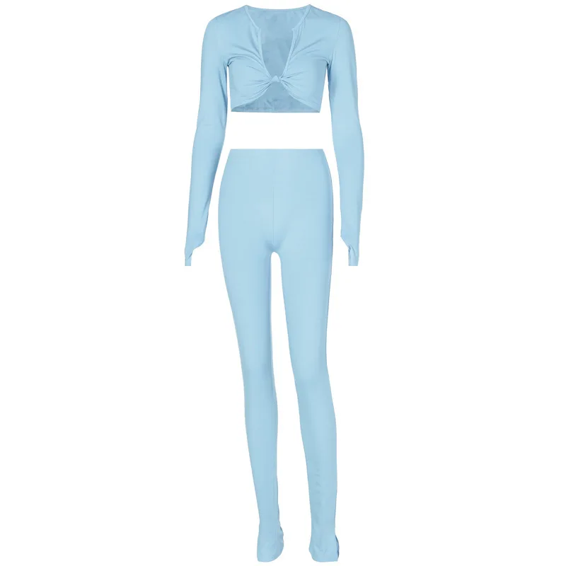

Echoine Long Sleeve Lace Up V-neck Crop Top Legging Pants Women Sexy Skinny Workout Two Piece Set Streetwear Skinny Outfits