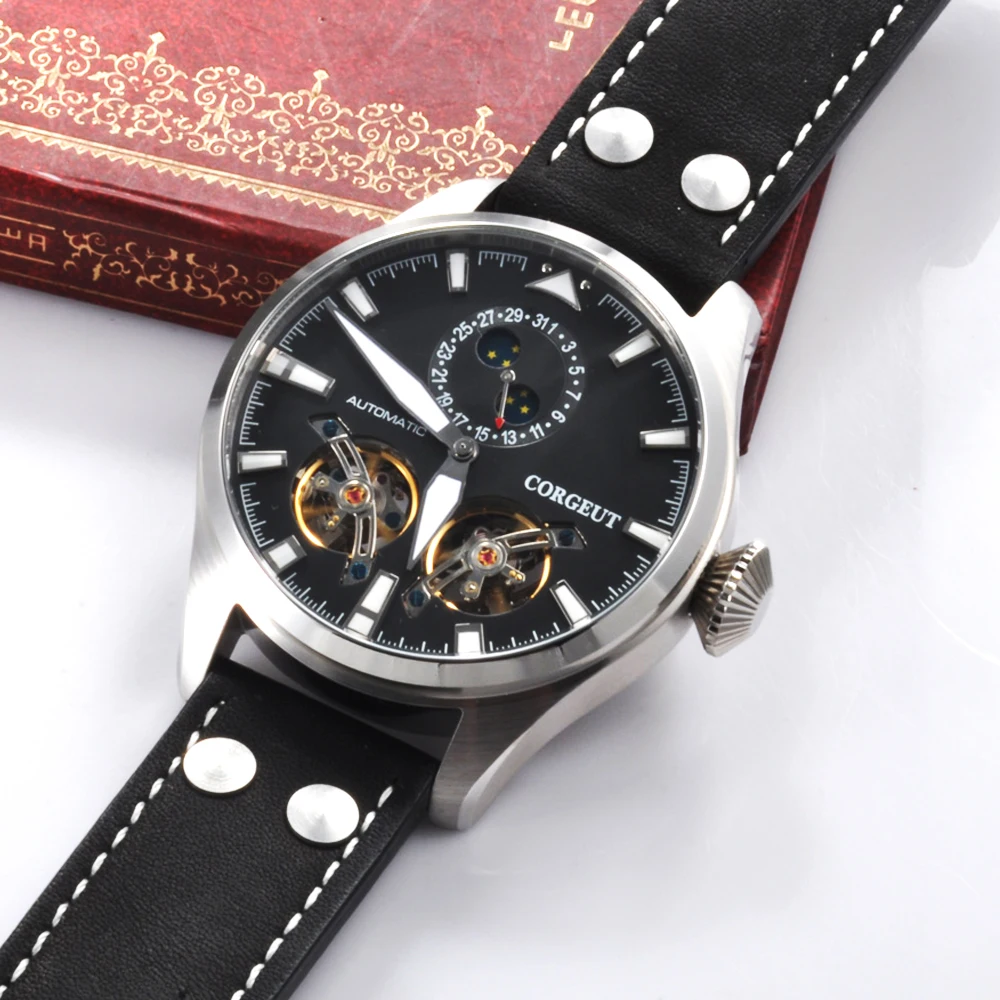 Corgeut 46 мм мужские полые Tourbillon черный циферблат сапфир кожаный ремешок стальной