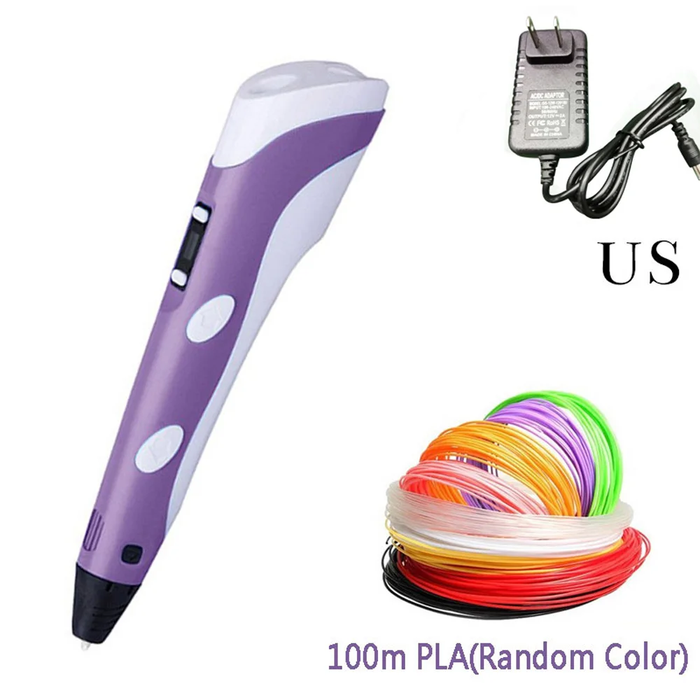 purple 100m US Креативная 3d-ручка с PLA нитями, регулируемая температура, Нетоксичная ручка для рисования, детские подарки на день рождения, обучающая игрушка - Цвет: purple 100m US
