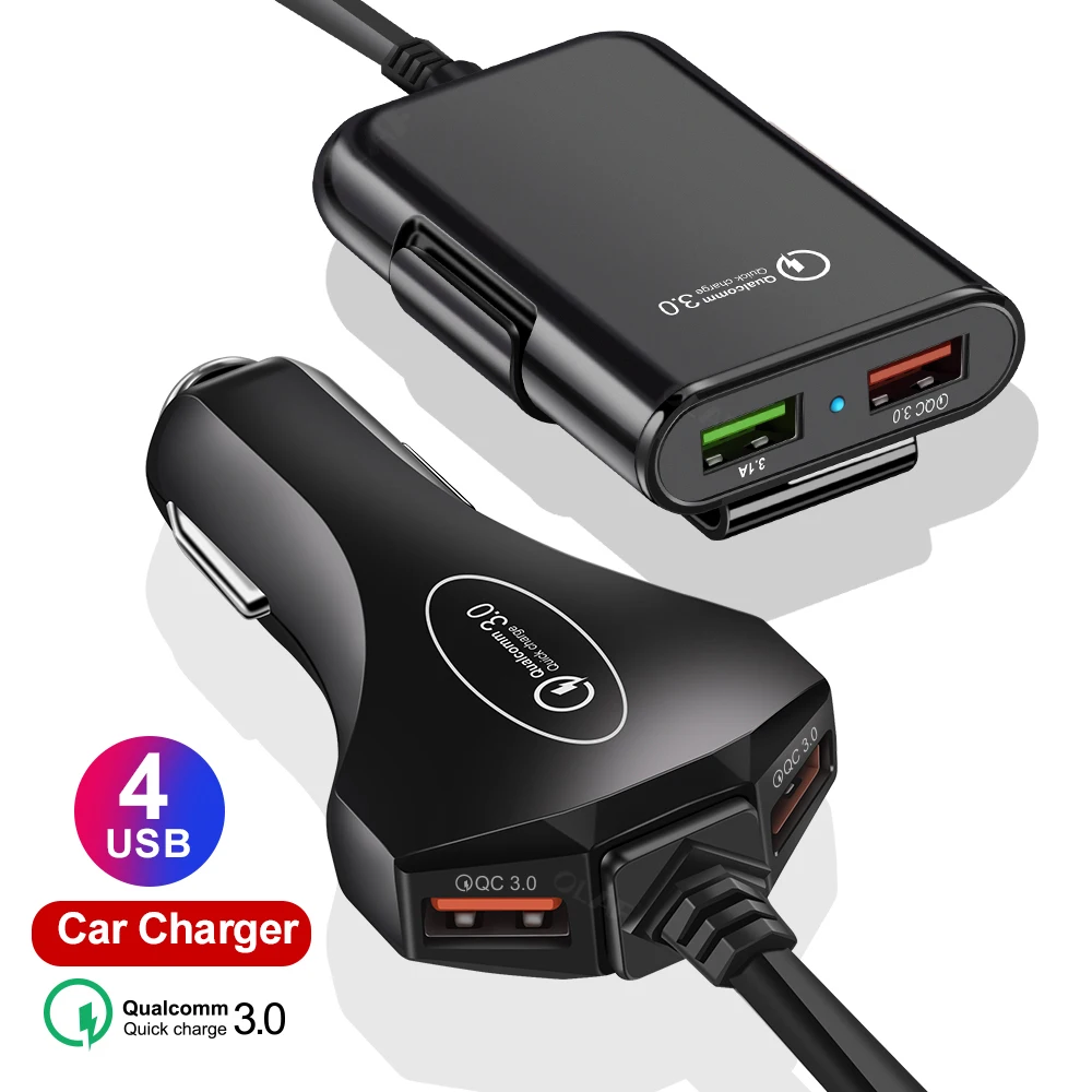 4 порта USB QC 3 0 Автомобильное зарядное устройство с 1 7 м удлинительным кабелем со