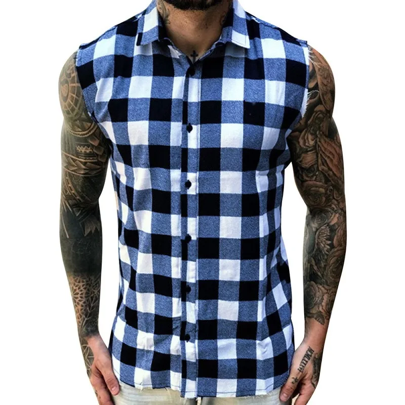 

2021Men's Plaid Print Shirt Summer Sleeveless Casual Button Slim Plaid Shirt Lapel Soft and Comfortable Casual Summer Men's Top