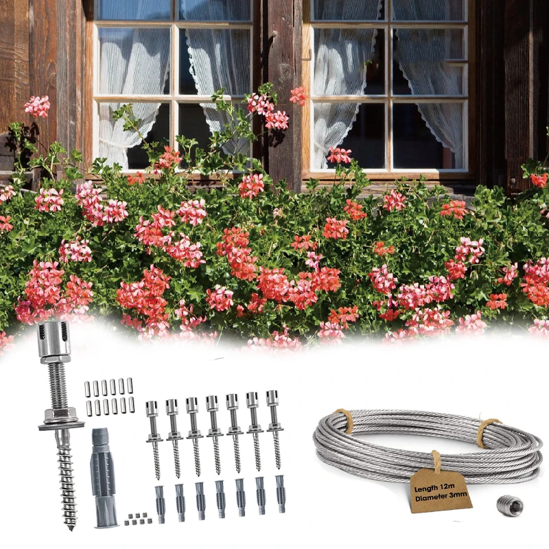 

1Set 12m Rope Stainless Steel Trellis for Climbing Plants Professional System as Complete Set With Wall Brackets Garden Supplies