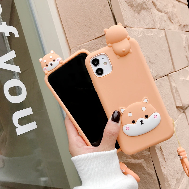 

3D Cute Cartoon Shiba Inu Dog Puppy Phone Case for iPhone 12 Mini 11 Pro XS Max X XR Soft Silicone Back Cover with Finger Ring