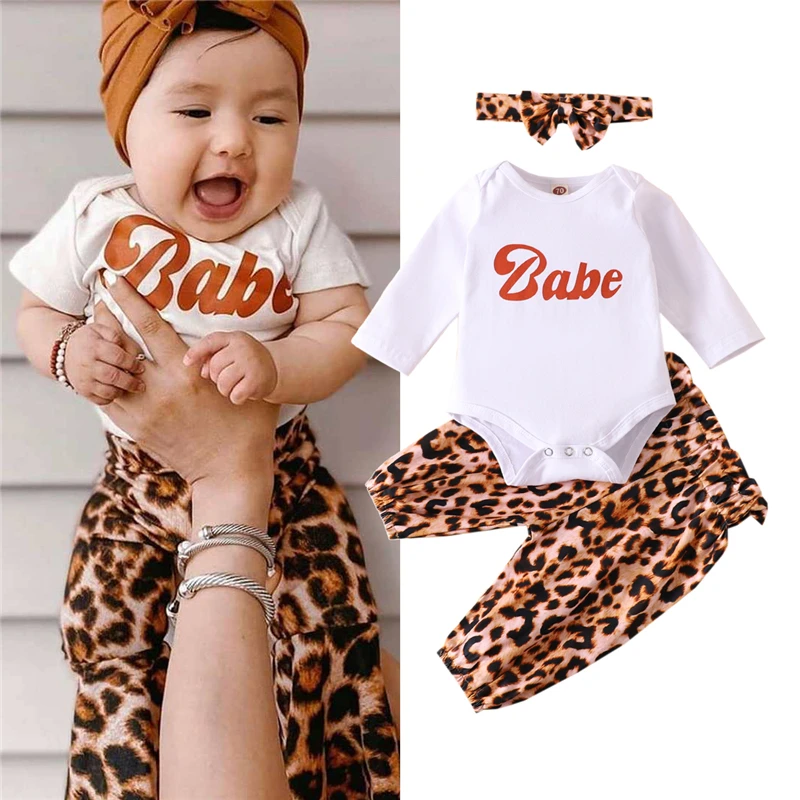 

Комбинезон с длинным рукавом и надписью для маленьких девочек, 3 шт. и длинные леопардовые брюки с повязкой на голову, милый наряд для новоро...