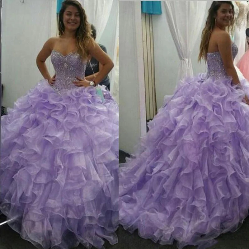 

Luxurious Crystals Beaded Ruffles Organza Lavender Quinceanera Dresses Ball Gown Prom Dresses Formal Party Evening Gowns 2022 Ne