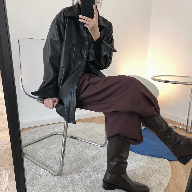 

Женская осенне-зимняя куртка, Повседневная однотонная куртка из искусственной кожи с отложным воротником и длинными рукавами, украшенная к...