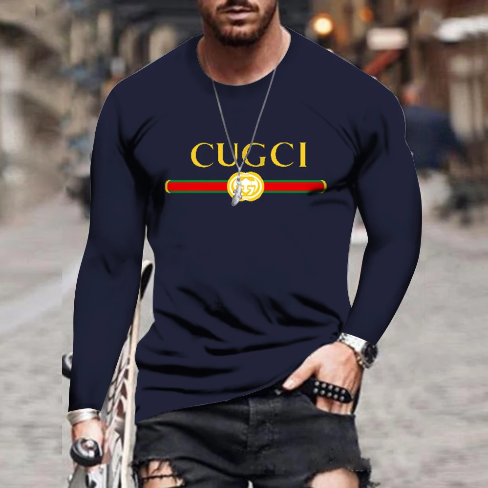 

Summer new men's GU classic solid color printing round neck long sleeve fashion street summer fashion plus size men's clothing