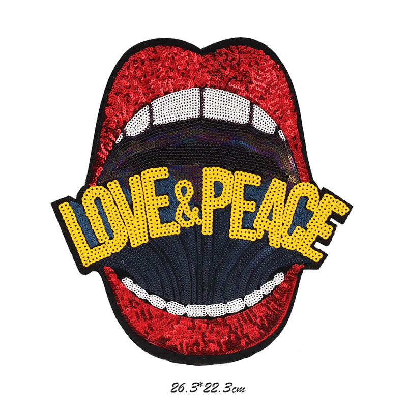 "LOVE& PEACE" большие красные губы хип-хоп рэпер железная одежда для аппликации вышитые блестки нашивки для одежды DIY мотив аппликация