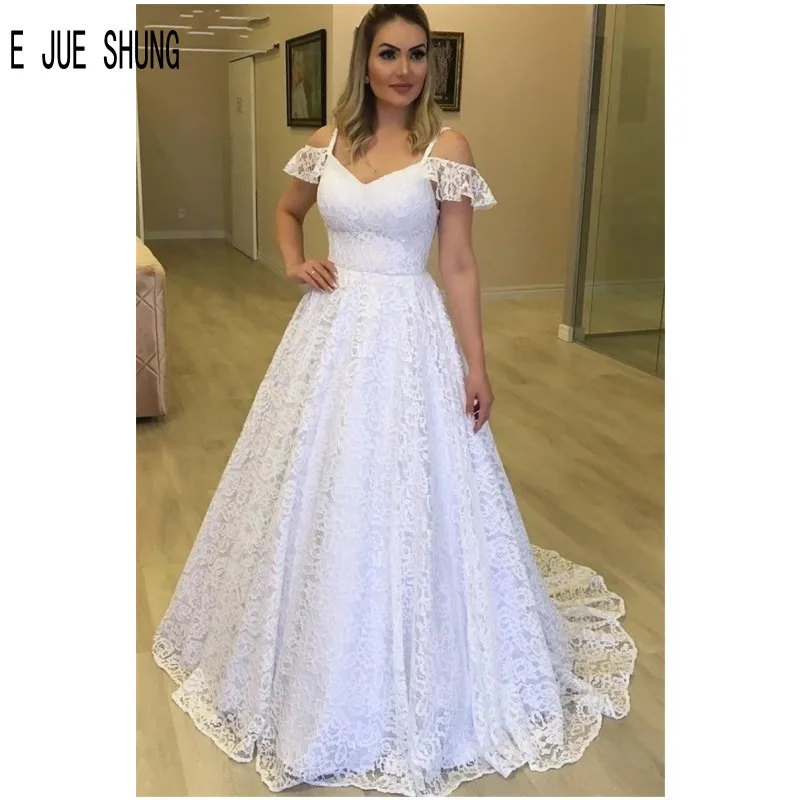 

E JUE SHUNG Latest Lace Wedding Dresses Spaghetti Straps Backless Bridal Gowns A Line Summer Bride Dresses vestido de noiva