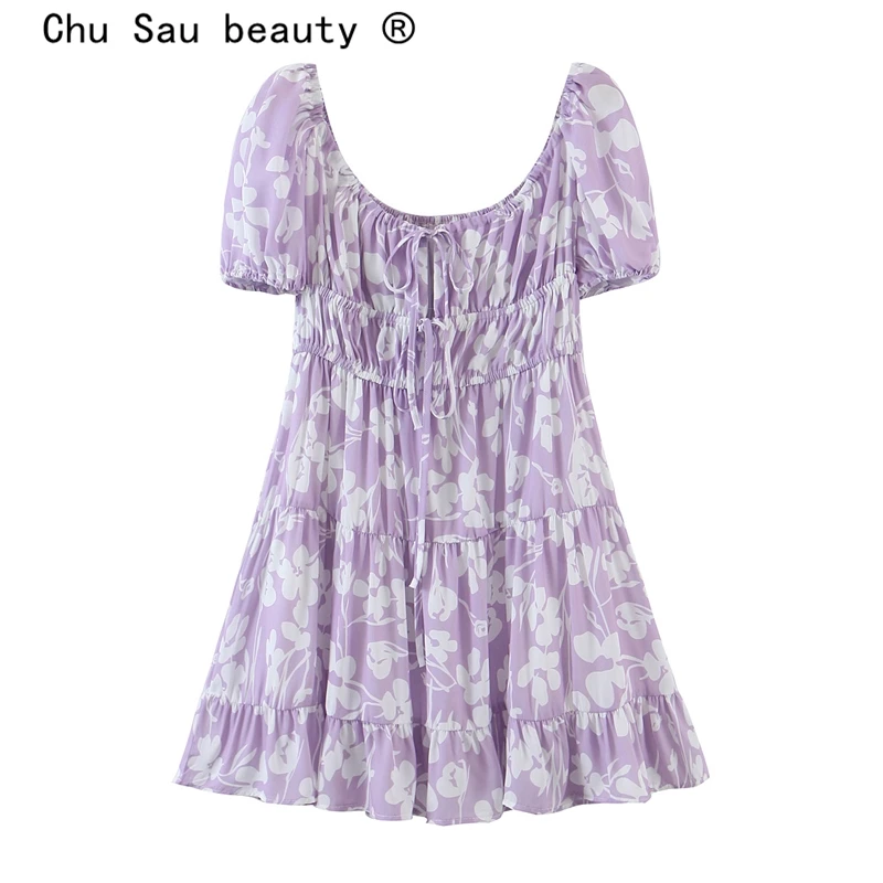 

Женское мини-платье с цветочным принтом, Повседневное платье с круглым вырезом и пышными рукавами, лето 2021