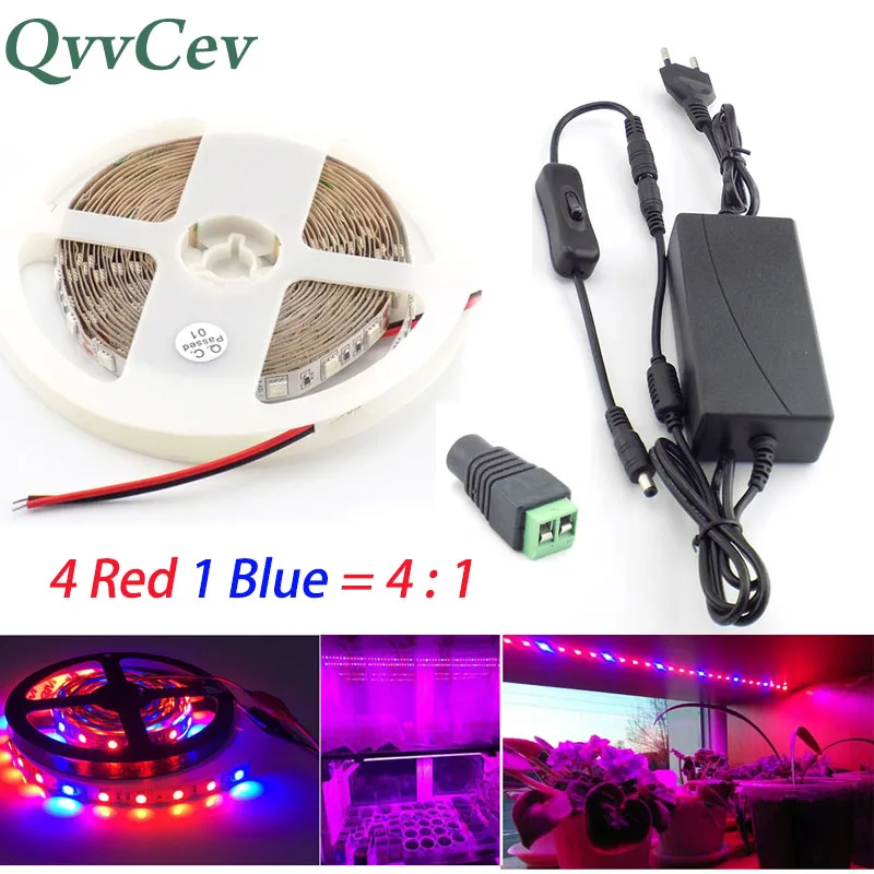 

Qvvcev 2M 3M 5M Waterproof Plant Led Lamp Grow Strip Light indoor greenhouse 4 Red 1 Blue lights 12V 2A/3A Power Supply+Switch