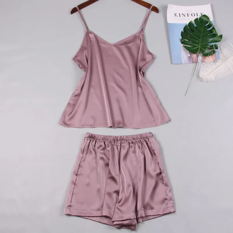 2019 New Summer Women Fashion Thin Sling Sleepwear Soft Set Female Sexy Two Piece Solid Color Ice Silk Pajamas Suit