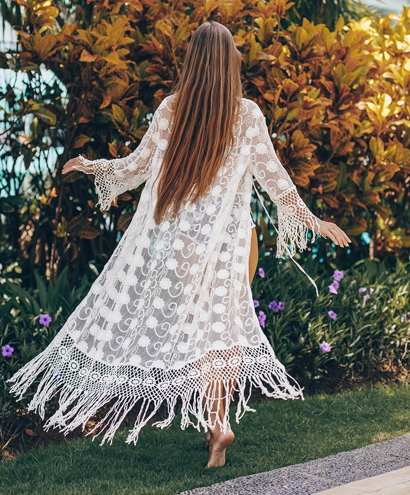 Женское Сетчатое платье туника с вышивкой белое длинное пляжное Прозрачное