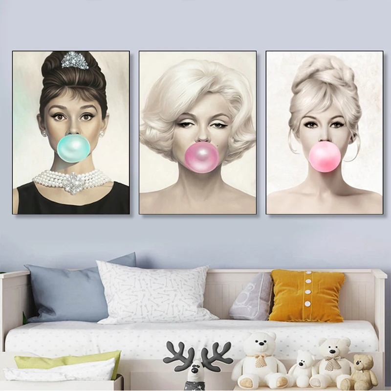 Настенная картина Одри Хепберн с изображением жвачки и звезд скандинавский