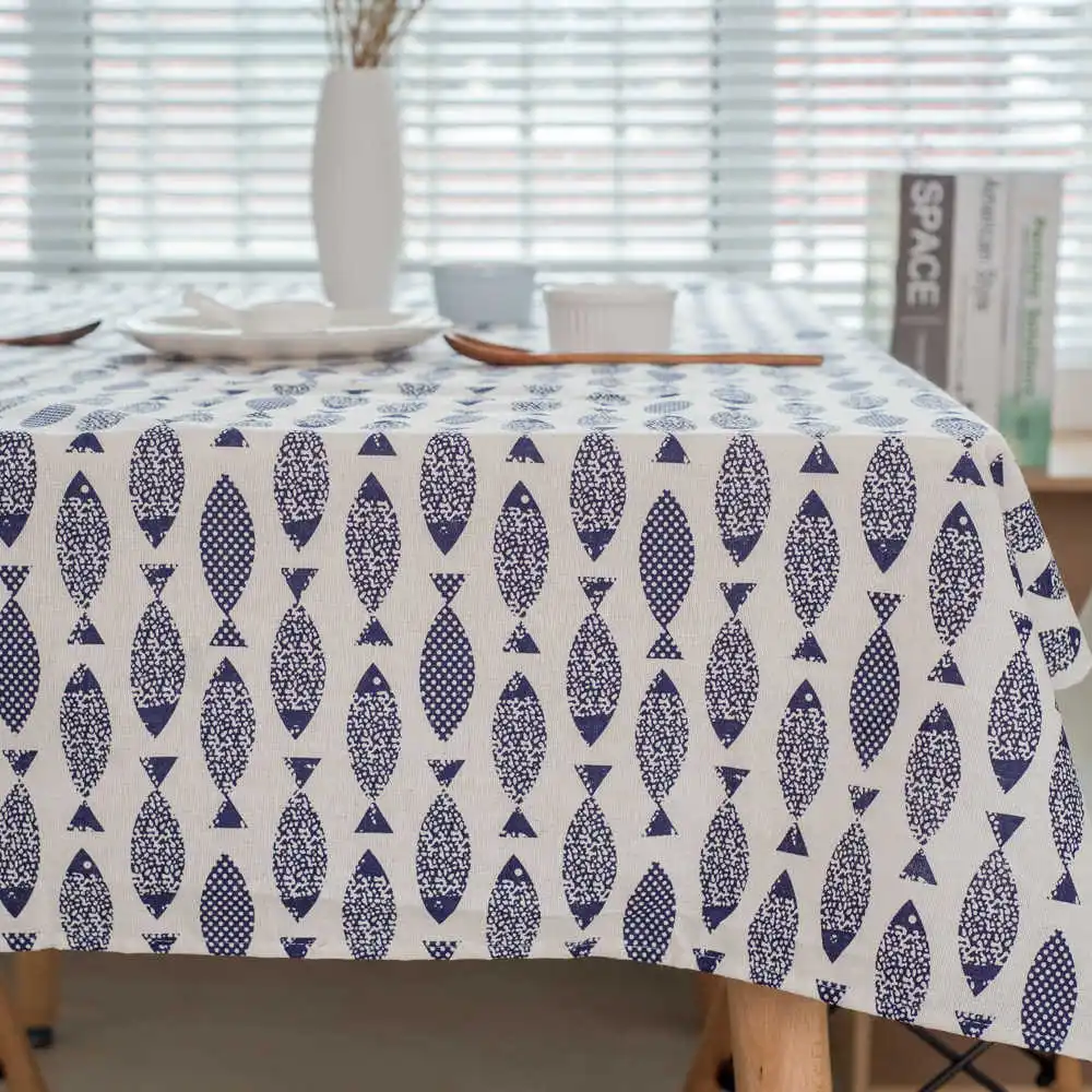 

Blue Fish Pattern Thickened Linen Cotton Tablecloth Fashion Cover Coffee Dinner Table Cloth for Wedding Banquet