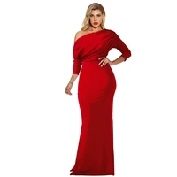 s 2xl womens long sleeved skirt 2021 summer new fashion solid color pleated dress oblique shoulder reverse slim casual dress