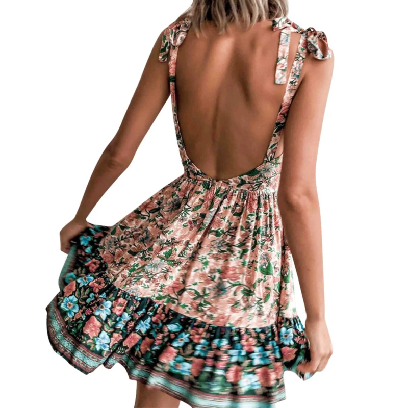 

New Off Shoulder Deep V Neck Summer Dress 2020 Elegant Polka Dot Floral Print Dresses For Women Sexy Backless Ruffle Party Dress