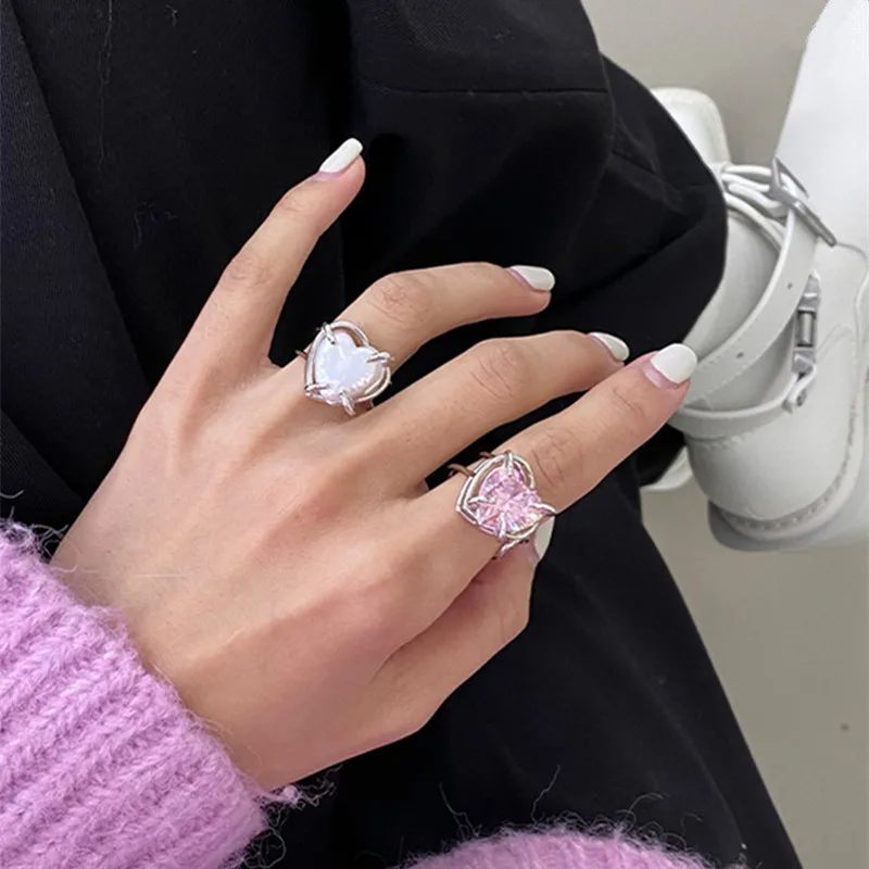 

2021 New Korean Romantic Girl Peach Heart Pearl Powder Zirconium Ring Temperament Clavicle Chain Earrings Female Trend Women