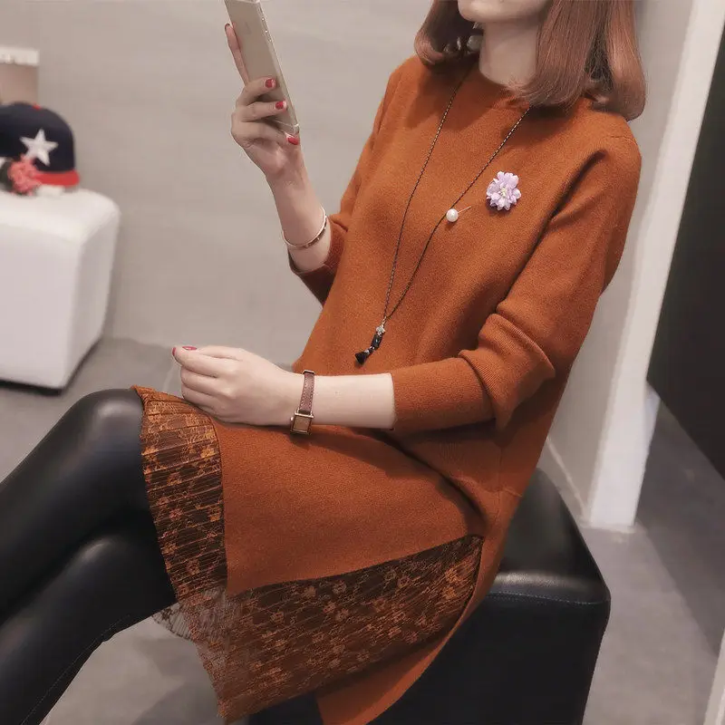 

2020 Plus Size Women's Spring New Knitted Dress Mesh Stitching Long-sleeve Sweater Dress Mini Casual Knitwear Pull Femme f2950