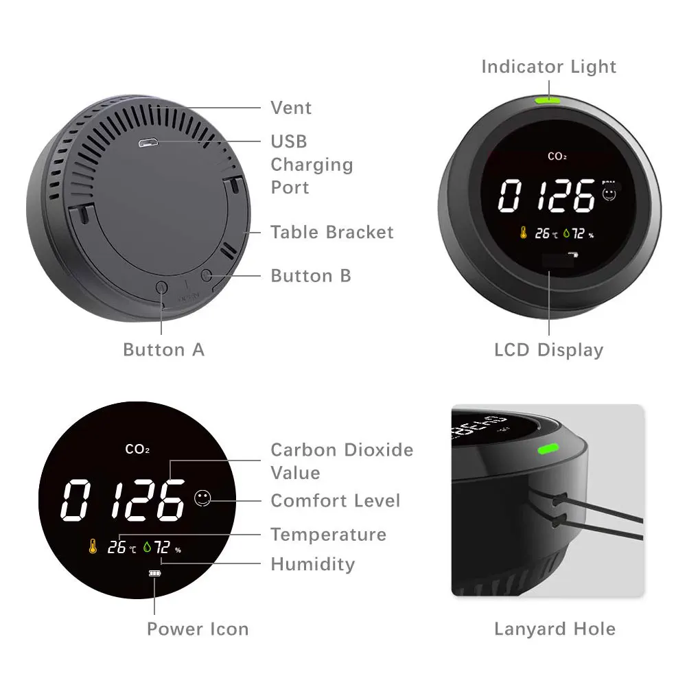 

CO2 Detector Temperature Humidity Tester PTH-5 Portable 2400mAh Battery Air Quality Meter Temperature and Humidity Meter